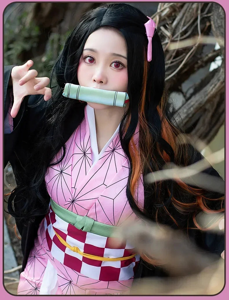 Anime Cosplay Kimetsu No Yaiba Kamado Nezuko Costume Kimono Demon Slayer Cosplay Wigs Hairs Halloween Carnival Women Outfit