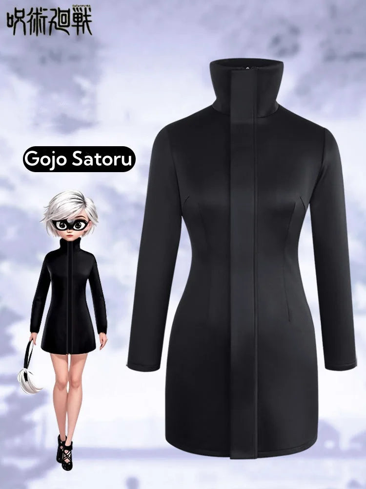 Women Gojo Satoru Bodycon Dress Cosplay Costume with Glasses Set for Girl Cosplay Stretchy Fabric Black Sexy Dress Halloween