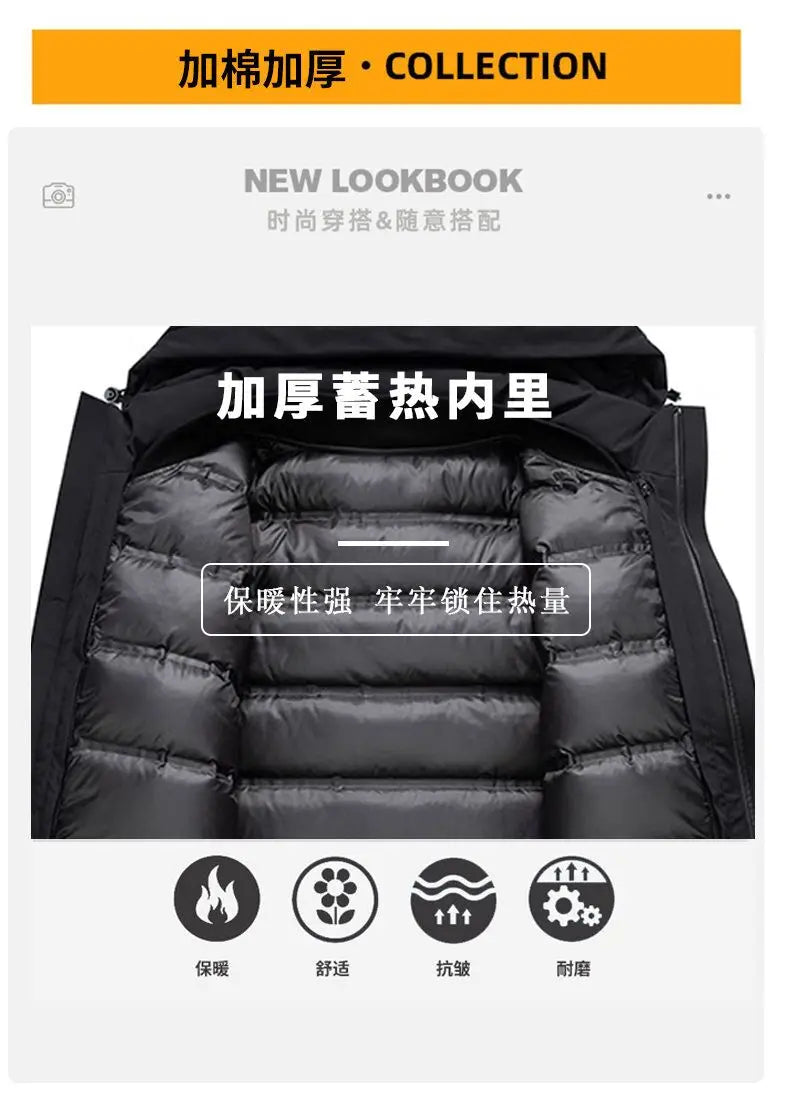 Techwear Down Cotton Jacket Men's Oversize Mid Length Workwear Cold Weather Clothing Winter Pockets Thick Hooded Parkas