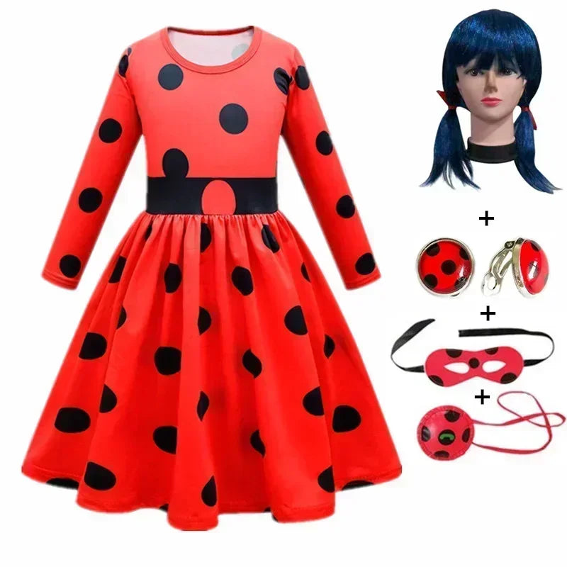 2025 Christmas Reddy Girl Little Beetle Cosplay Costume Mask Wig with Earrings Kids Halloween Fancy Costume Children Party Dress