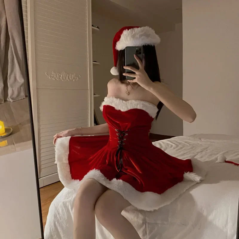 Cute Women Christmas New Year Off Shoulder Bandage A-line Skirt Sexy Nightdress Shawl Santa Claus Role Playing Lingerie Set