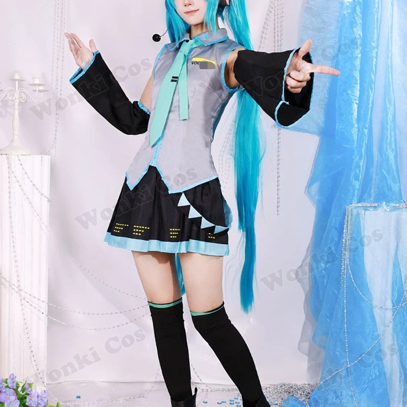 V Miku Cosplay Costume Green Ponytail Wig Virtual Singer Cosplay Shoes Boots Official Uniform for Girl Party Comic Con Outfits