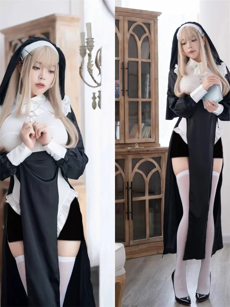 Hot Cosplay Nun Sister Costumes For Women Sleeveless Crotchless Dress Cos Maid Uniform Nightgowns Girl Role Play Erotic Costume