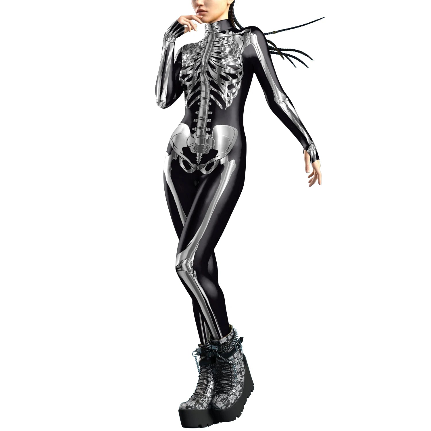 [You're My Secret]Halloween Cosplay Costumes For Women Skeleton Printed Long Sleeve Bodysuits Slim Elastic Fancy Outfits Catsuit