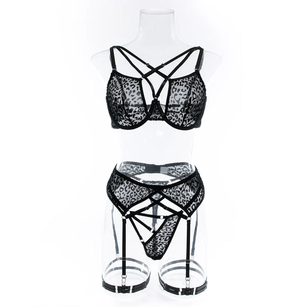 Erotic Leopard Lingerie Set - Sexy Push-Up Bra & Sheer Thong with Adjustable Garter Belt Velvet 4-Piece Bondage Kit Outfits