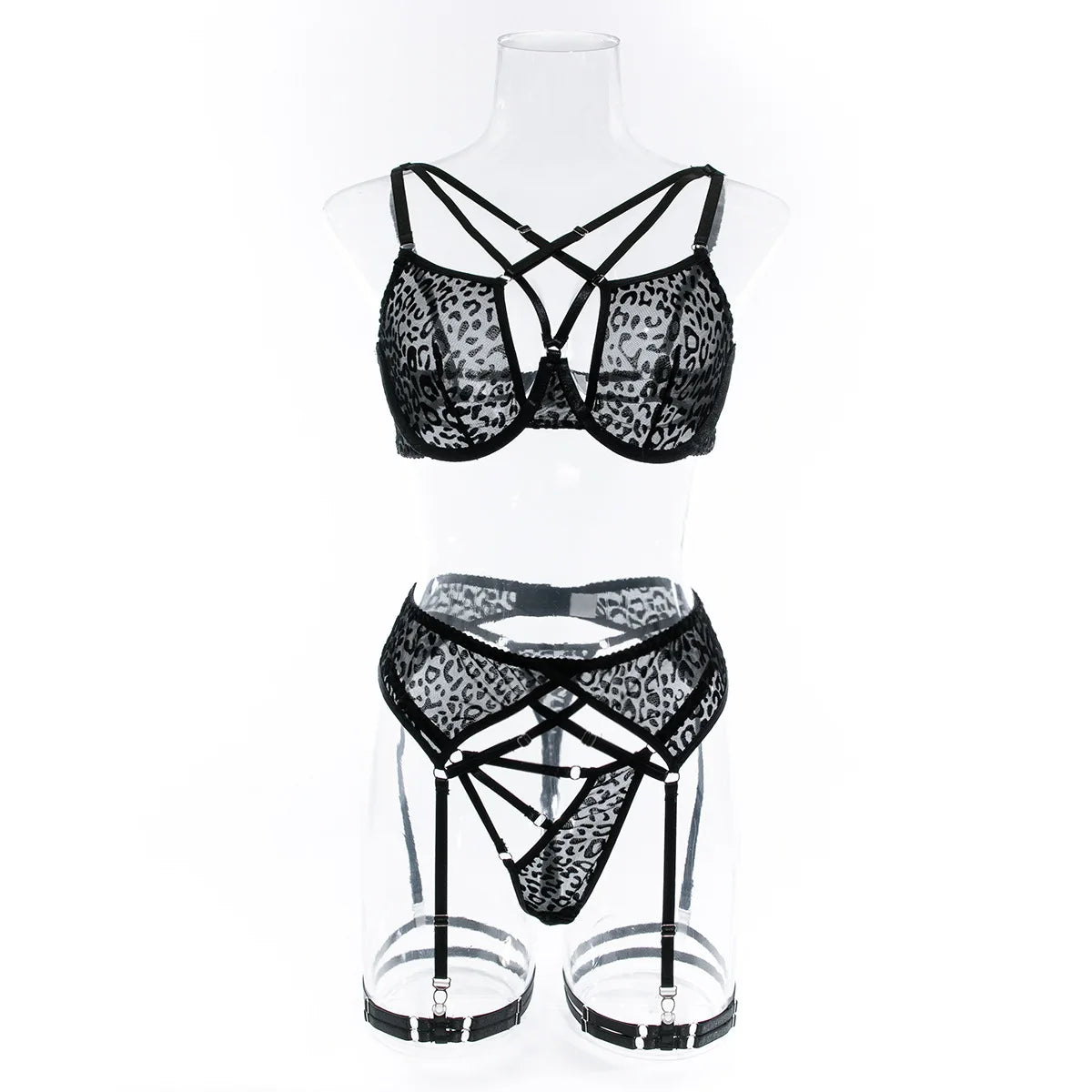 Erotic Leopard Lingerie Set - Sexy Push-Up Bra & Sheer Thong with Adjustable Garter Belt Velvet 4-Piece Bondage Kit Outfits