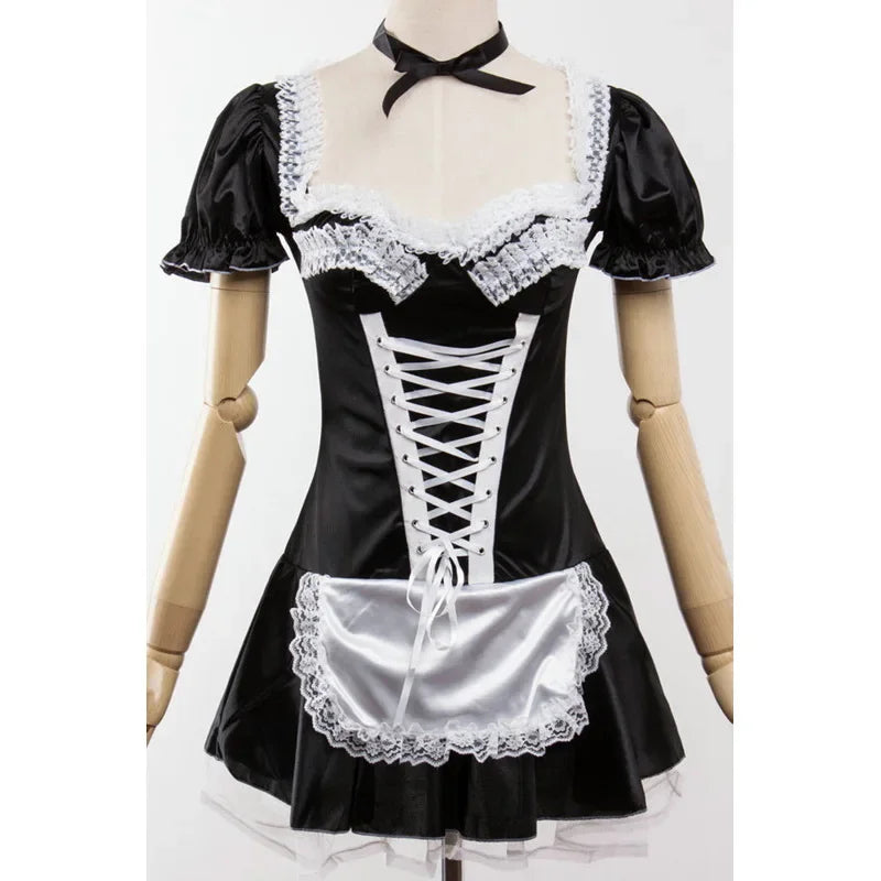 Plus Size Sexy Adult Women's Low-Cut Neckline Dress up French Maid Uniform Servant Halloween Womens French Maid Cosplay Costume