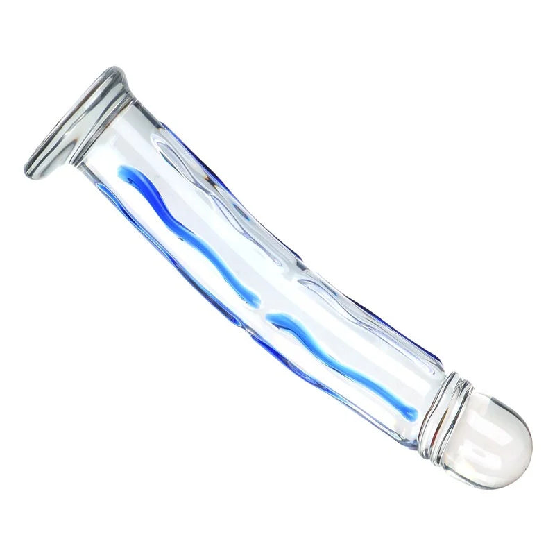 New Large Transparent Glass Blue Striped Dildo,18+ Adult Sex Toy, Clitoral Stimulation Masturbator, G-spot Orgasm Massage Wand