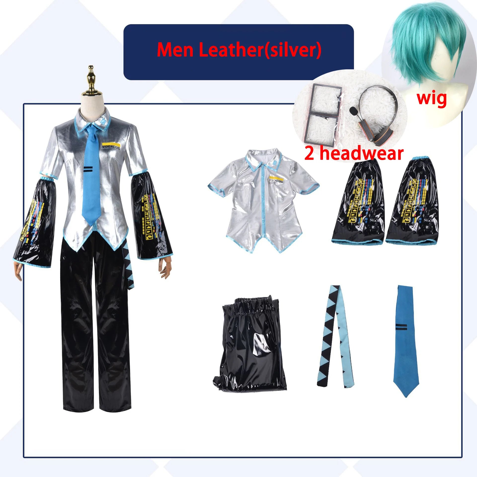 Miku Cosplay Full Set Silver Grey Patent Leather Fabric Suit Miku Cosplay Shoes Headwear Costume Outfit JK uniform Cosplay