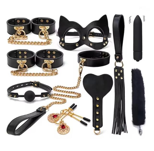 Erotic Bed Bondage Kits Slave Restraint Bondage Set Genuine leather Collar Mouth Gag Whips Handcuffs Adult Sex Toys For Couples