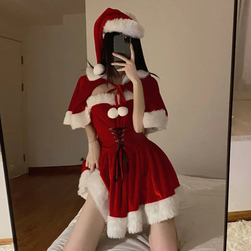 Cute Women Christmas New Year Off Shoulder Bandage A-line Skirt Sexy Nightdress Shawl Santa Claus Role Playing Lingerie Set