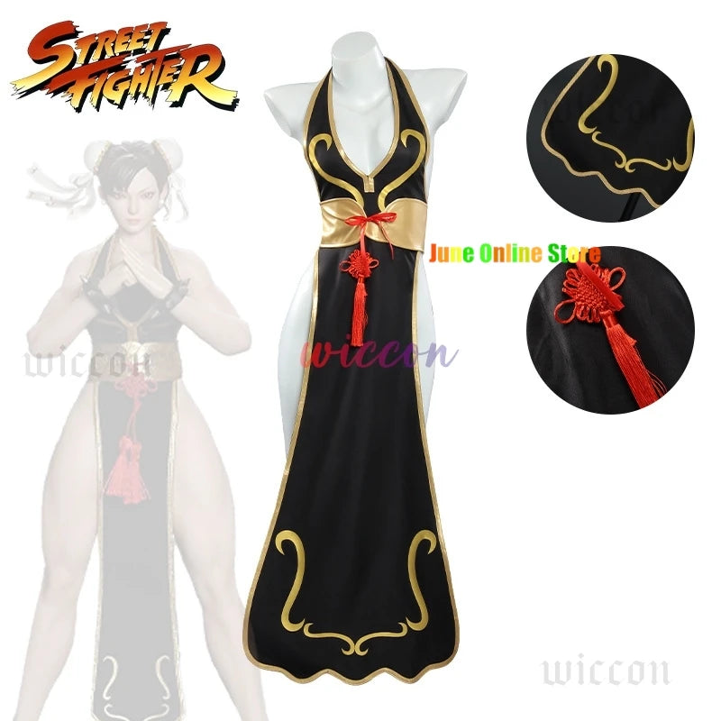 Chun Li Game Street Cosplay Costume Black Battle Dress Fighter Chinese Style Cheongsam Woman Adult Wig Blue Halloween Party