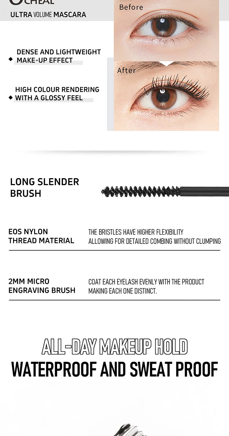 Long Lasting Waterproof Mascara 2mm Micro Engraving Brush Curling Lengthens Volumizes Smudgeproof Clump Free