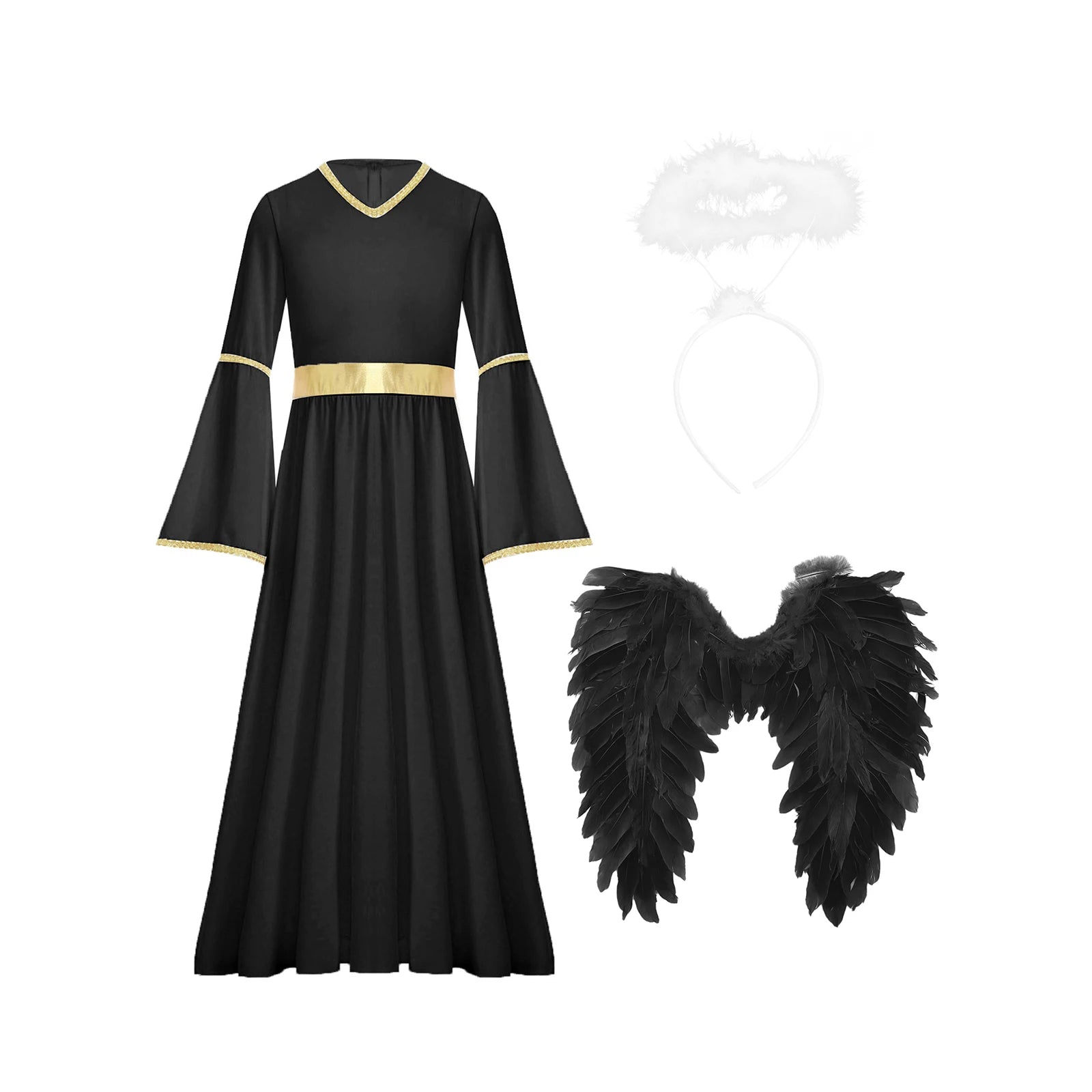 Girls White Angel Costume Halloween Party Long Bell Sleeve Maxi Dress Gown with Wings Set for Performance Church Dress Up