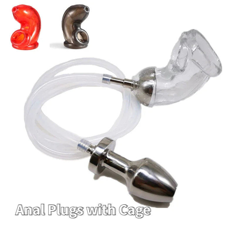 Anal Plugs with Cages Anal Rinse Cleaning Penis Sleeve Urine Into Anus Plugs Adult Games Couples Conditioning Adult Sex Toys 18+