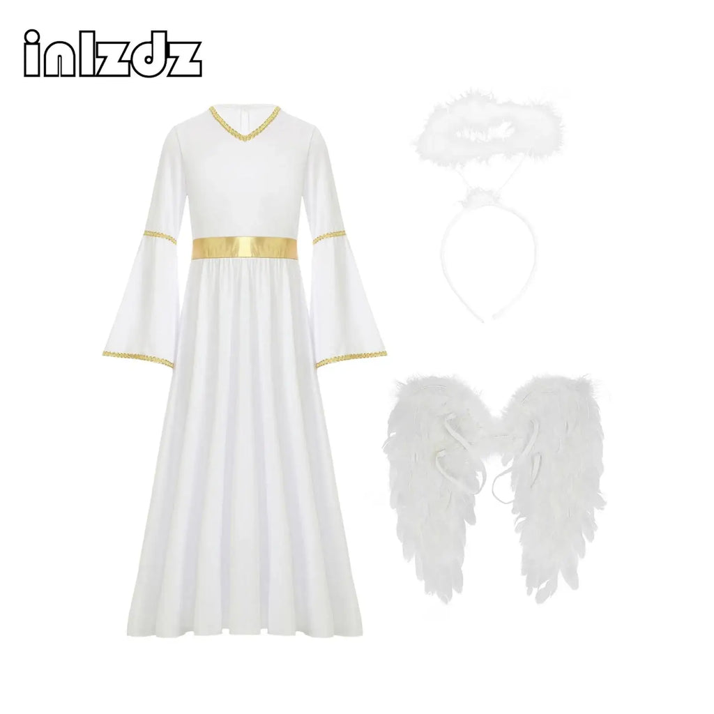 Girls White Angel Costume Halloween Party Long Bell Sleeve Maxi Dress Gown with Wings Set for Performance Church Dress Up