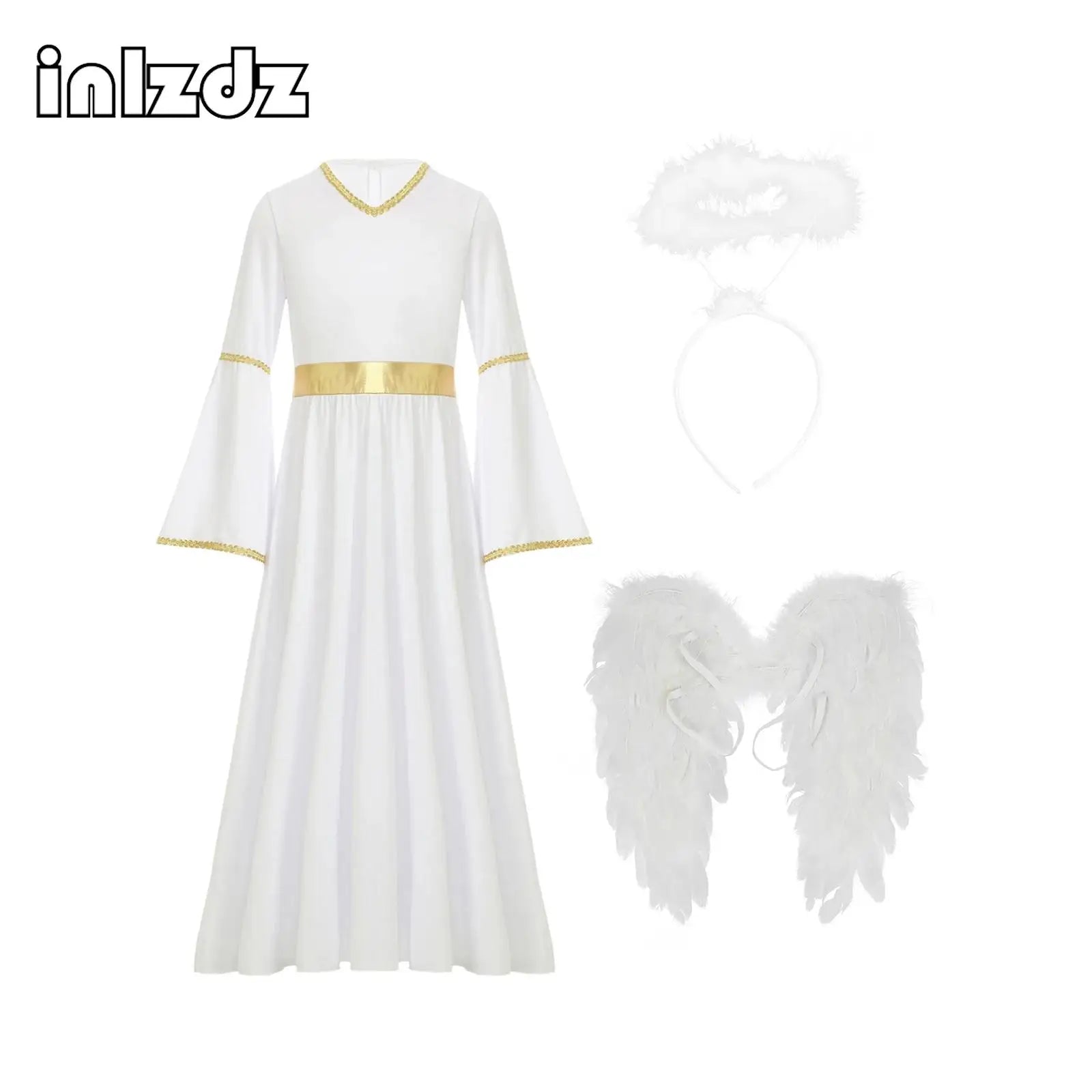 Girls White Angel Costume Halloween Party Long Bell Sleeve Maxi Dress Gown with Wings Set for Performance Church Dress Up