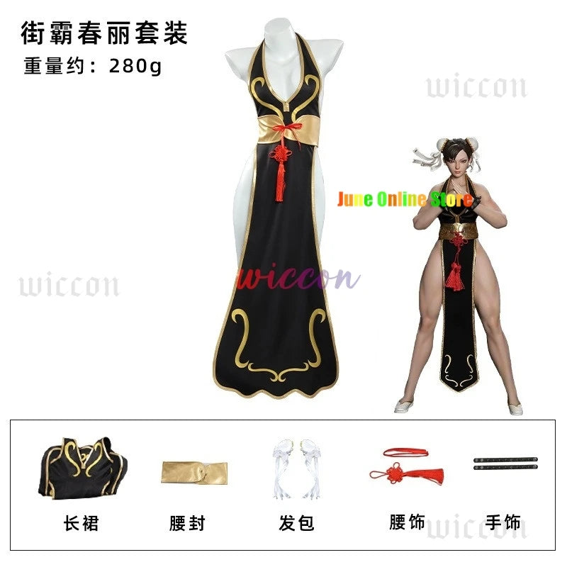 Chun Li Game Street Cosplay Costume Black Battle Dress Fighter Chinese Style Cheongsam Woman Adult Wig Blue Halloween Party