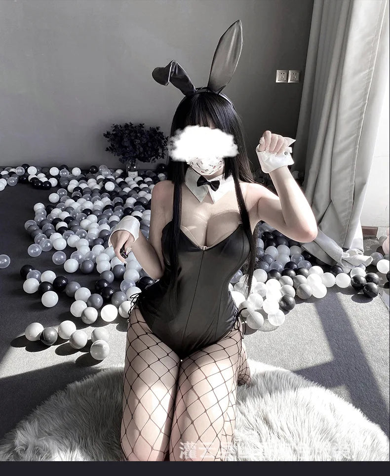 Sexy Bunny Cosplay Costume Women Men Sexy Bodysuit Lingerie Kawaii Bunny Girl PU Faux Leather Rabbit Suit Anime Outfit Halloween