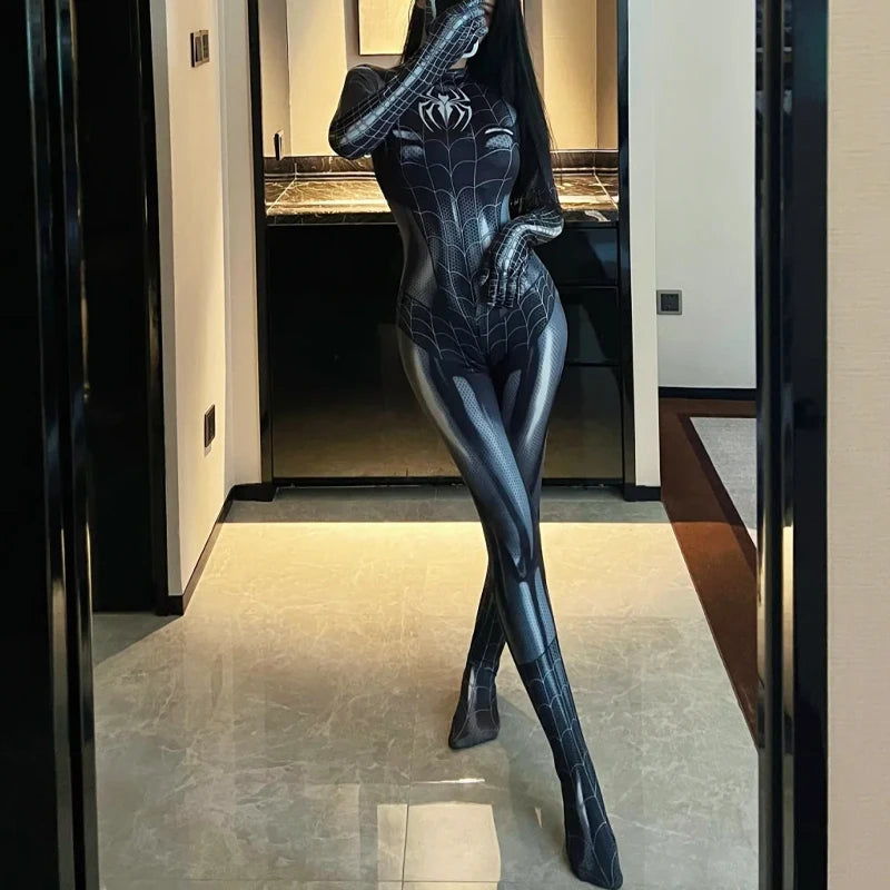 Good Quality Superhero Female Spider Man Cosplay Tight Jumpsuit Black Spider Sexy Cosplay Costume Halloween Party Costume Mask