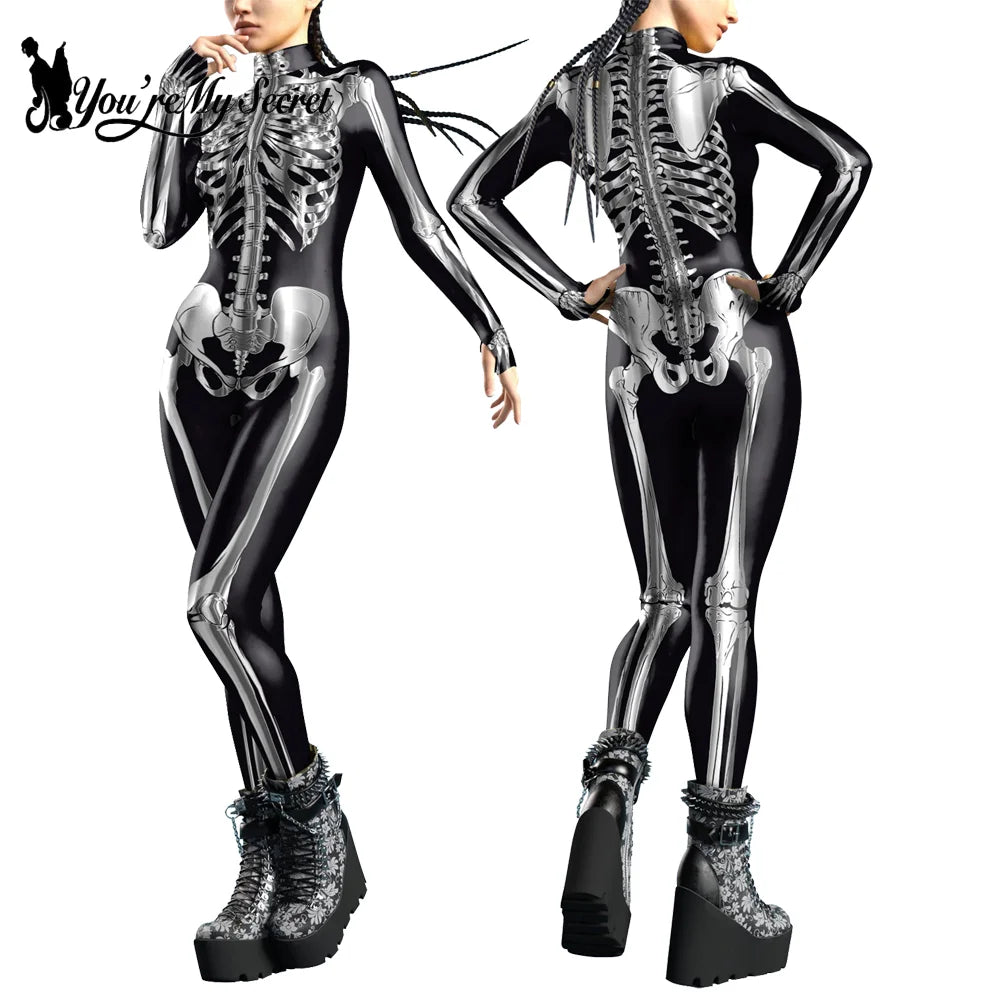 [You're My Secret]Halloween Cosplay Costumes For Women Skeleton Printed Long Sleeve Bodysuits Slim Elastic Fancy Outfits Catsuit