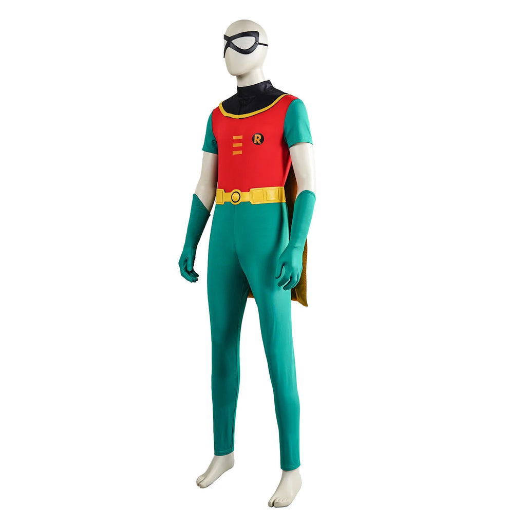 Film Fantasy Robin Cosplay Costume Adult Men Green Jumpsuit Cloak Belt Gloves Eyemask Suit Halloween Party Hero Robin Outfits
