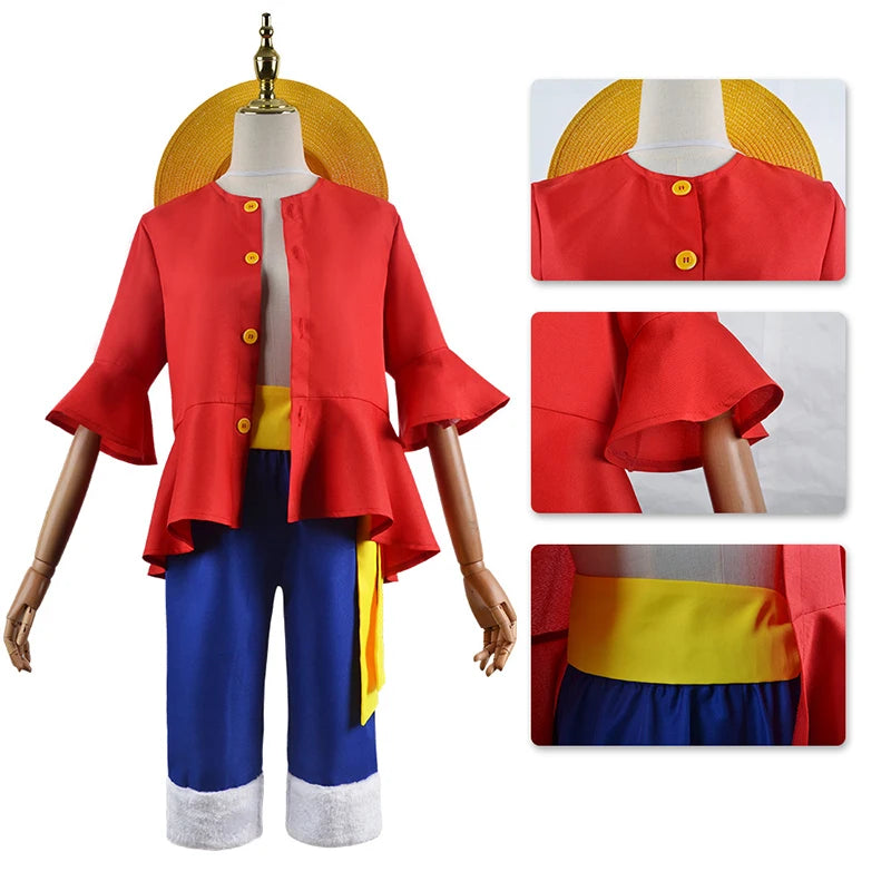 Anime Piece Pirate Luffy Cosplay Costumes Monkey D Sun God Two Years Later Cos Adult Kids Carnival Party Red Top Pants Suits Hat
