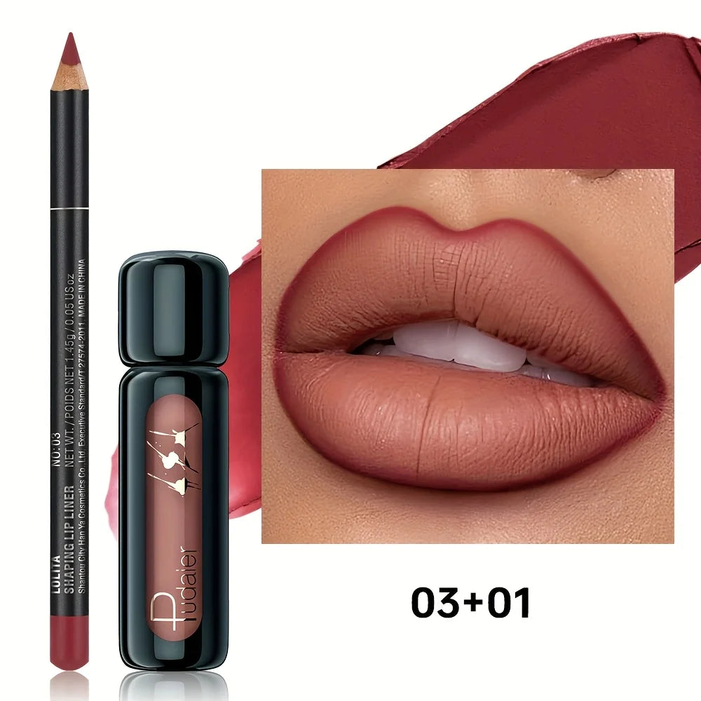Lip Liner & Lip Mud Set, Matte Waterproof Long Lasting Non-Stick Velvet Lip Makeup, Smooth Lip Kit Gift for Women