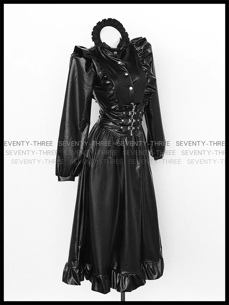 Anime Black Uniform Costume Maid Costume Adult Girl Role Playing Dark Pu Long Skirt Leather Stand Collar Dress Maid Suit
