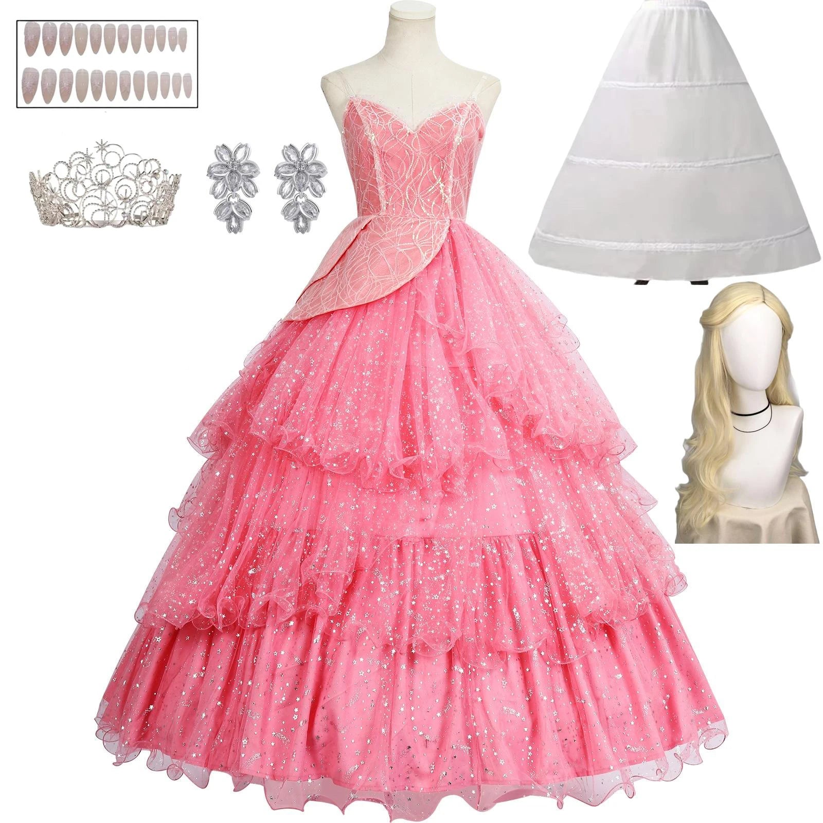 IN STOCK Glinda Wicked Cosplay Costume Disguise for Adult Women Pink Dress Roleplay  Fantasy Outfit Halloween Carnival Suit