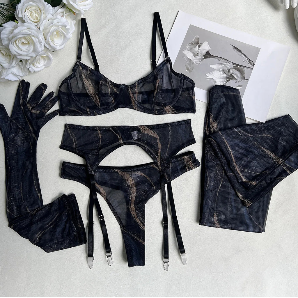 Erotic Lingerie Set Women Tie Dye Lace Push-Up Bra Stockings with Belt Exotic Sheer Underwear 3-Piece Seductive Role-Play Outfit