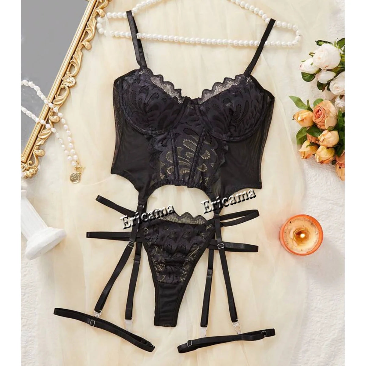 Lace Erotic Lingerie Set Bow Decor Strappy Hollow Out Intimates Bra & Thong & Garter Belt, Women's Sexy Lingerie & Underwear