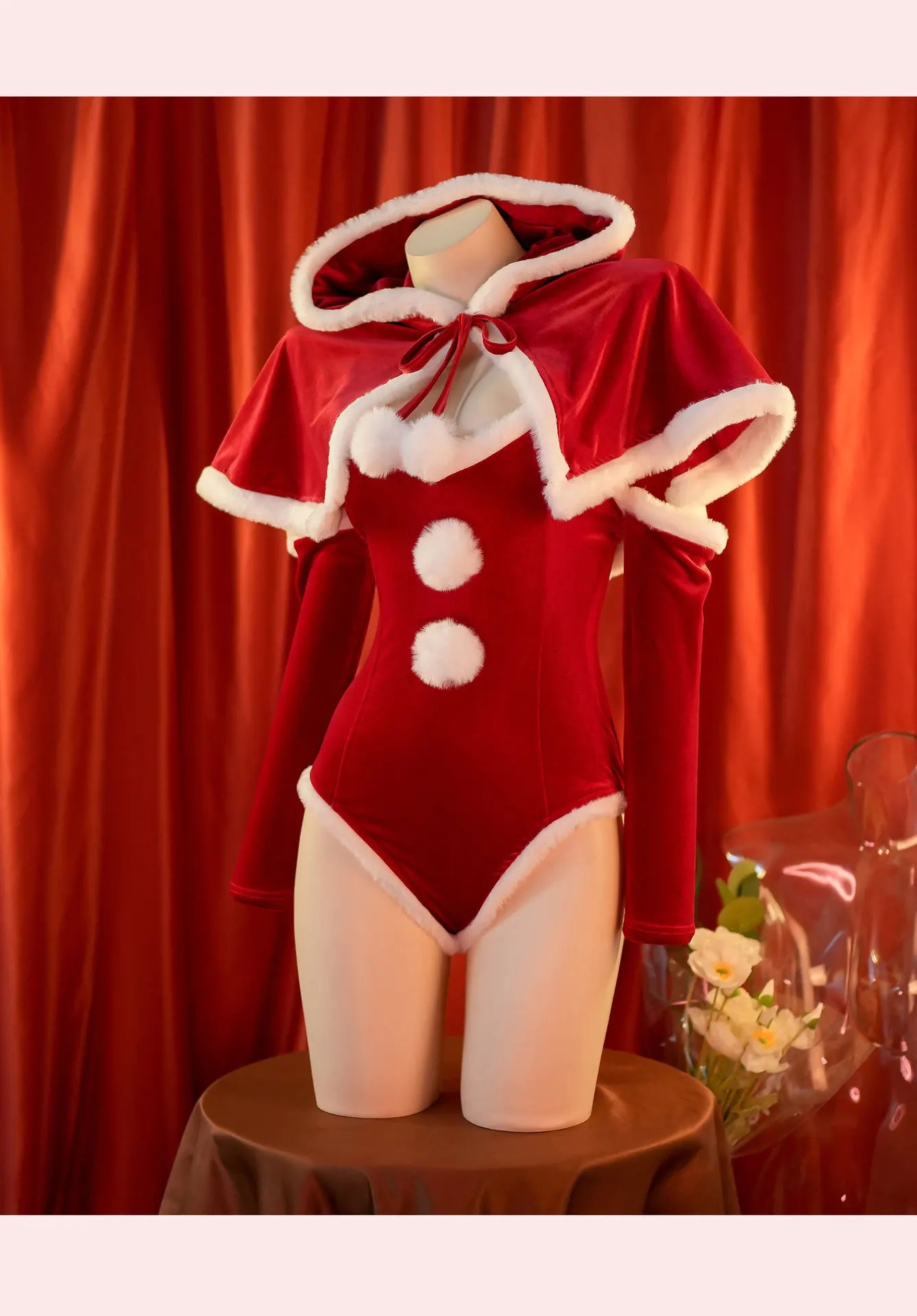 Anime Christmas Uniform Bodysuit with Cloak Red Stockings Outfits Cosplay Costumes New Year Plush Nightgown Underwear Outfits