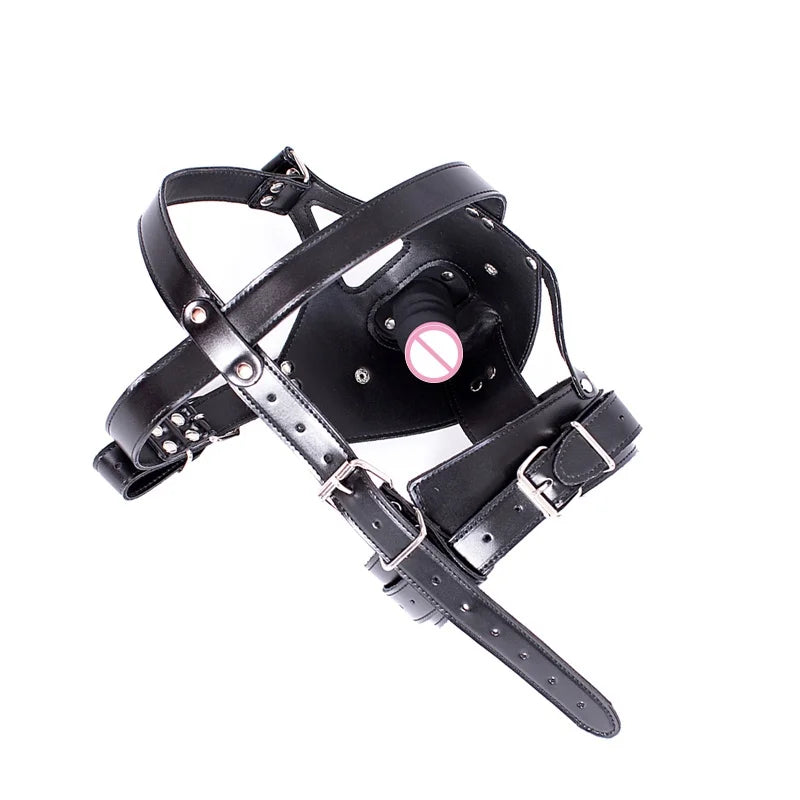 Leather fetish headwear, mask, hood holder, dildo, mouth plug, BDSM, bondage, porn, adult cosplay, male, female and gay sex toys