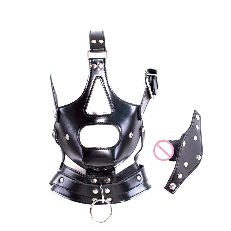 Leather fetish headwear, mask, hood holder, dildo, mouth plug, BDSM, bondage, porn, adult cosplay, male, female and gay sex toys
