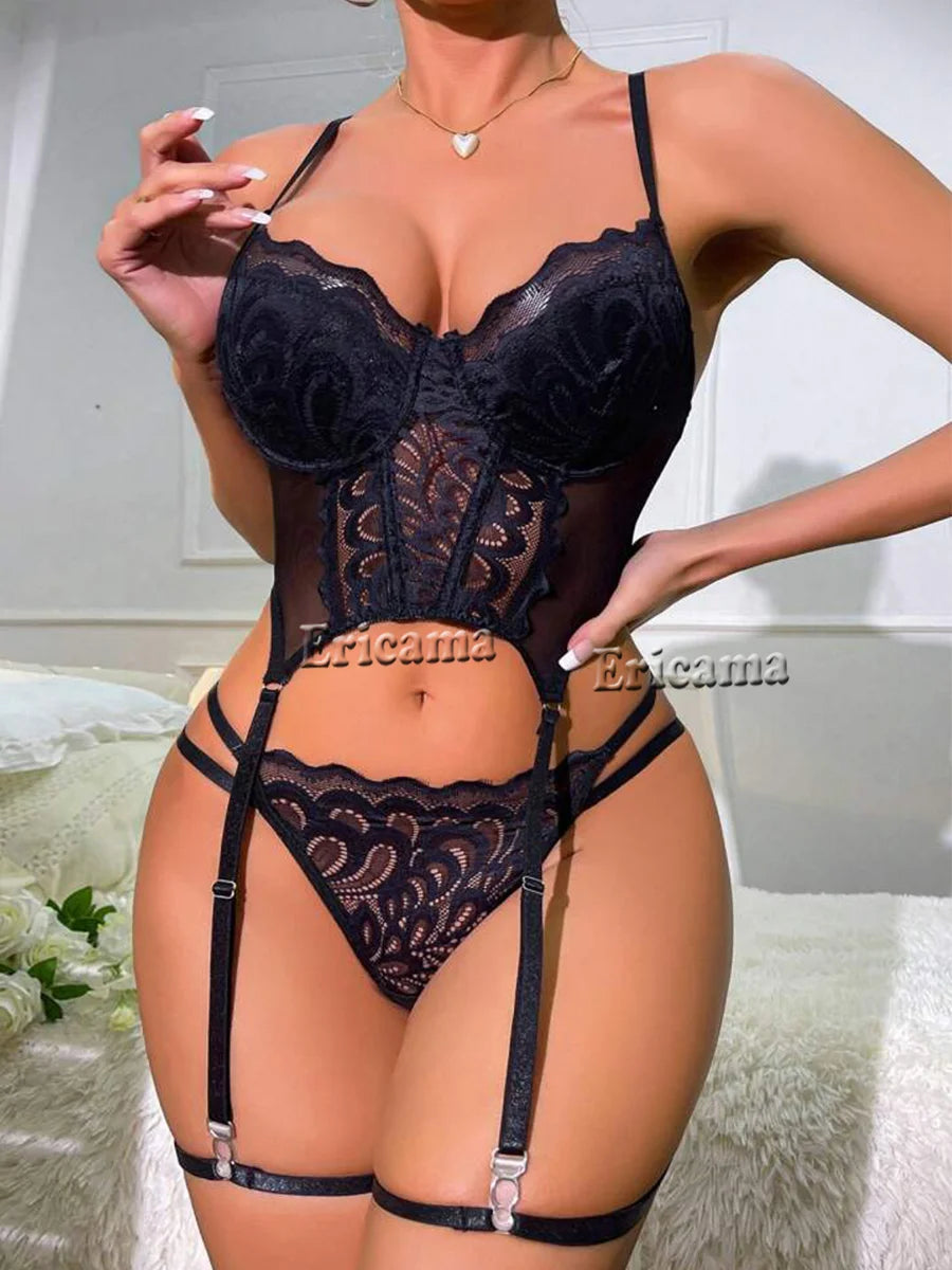 Lace Erotic Lingerie Set Bow Decor Strappy Hollow Out Intimates Bra & Thong & Garter Belt, Women's Sexy Lingerie & Underwear