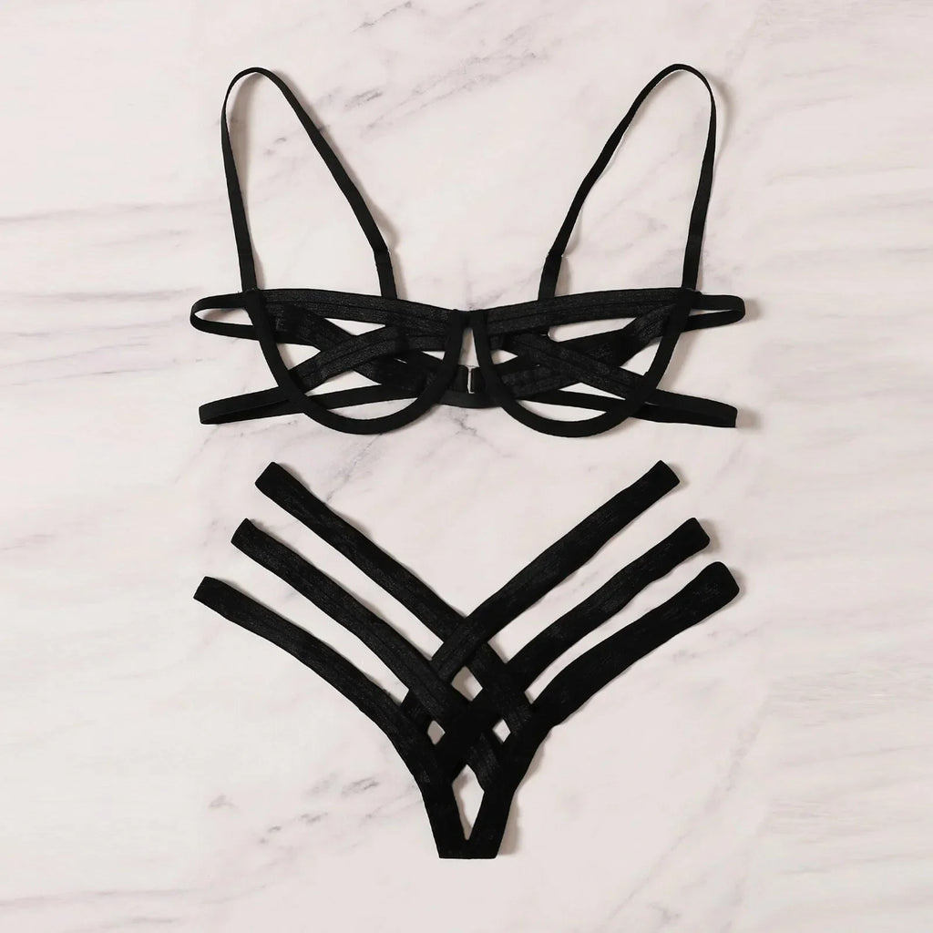 Amnesia Bondage, Sexy Lingerie, Women's Bra and Panty Set, Erotic, Hollow-out, Black, No Cups, Julia - style Bra, Thong