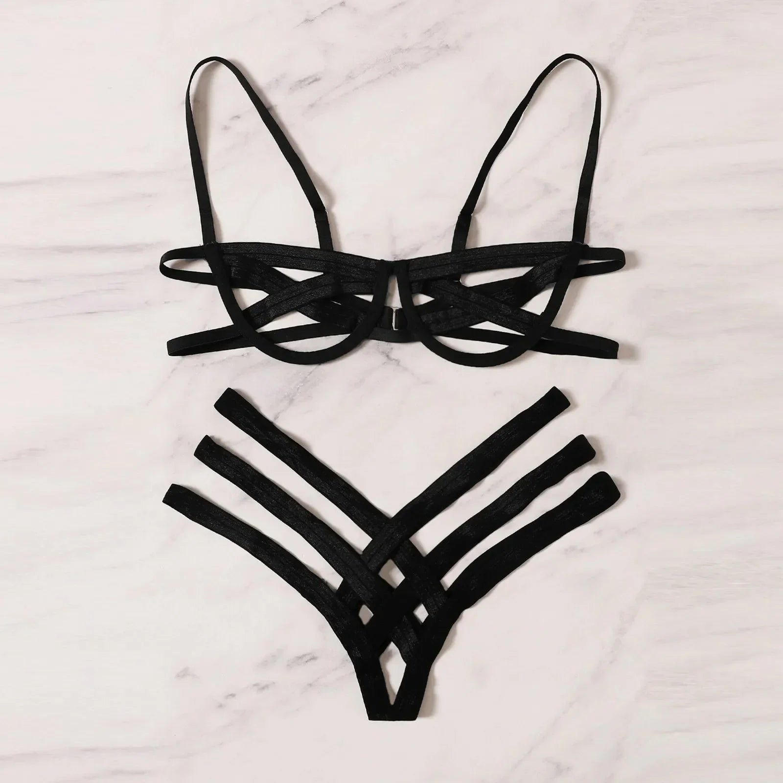 Amnesia Bondage, Sexy Lingerie, Women's Bra and Panty Set, Erotic, Hollow-out, Black, No Cups, Julia - style Bra, Thong