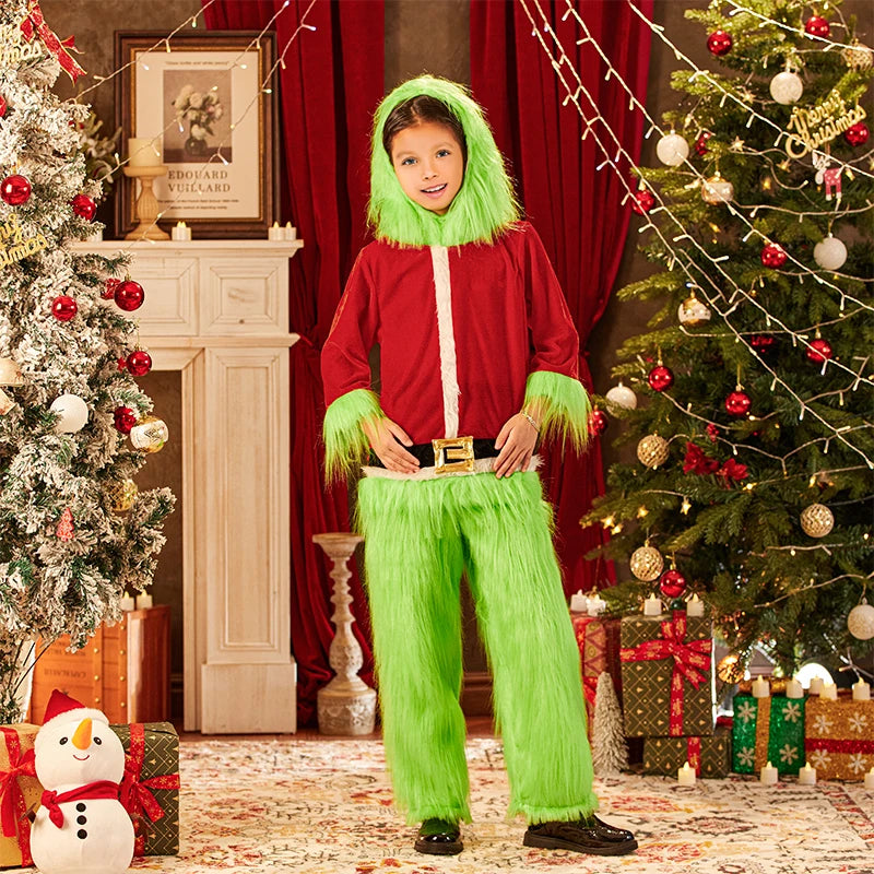 Little Kids Boys Girls Christmas Cosplay Costume Green Furry Monster Hooded Santa Claus Tops Green Fuzzy Pants Set