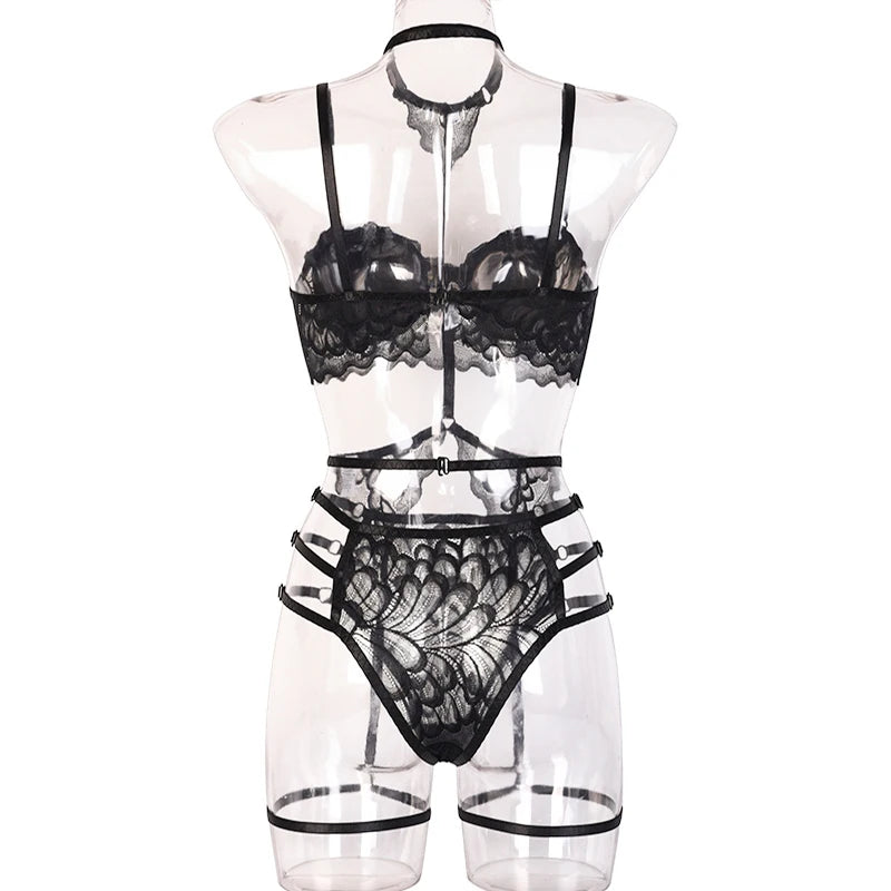 Erotic Lingerie Sets For Women Lace Garters Transparent Bra And Panty Set Female Porno Costumes Deep V Halter Sexy Underwear Set