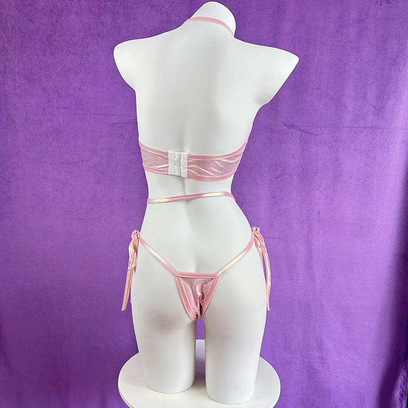 Sexy lingerie anime bunny girl cosplay pink laser patent leather bikini bunny girl Halloween lingerie set