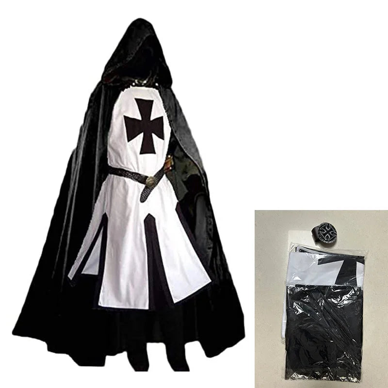 Mens Medieval Crusader Knights Templar Tunic Costumes Renaissance Halloween Surcoat Warrior Black Plague Cloak Cosplay Top S-3XL
