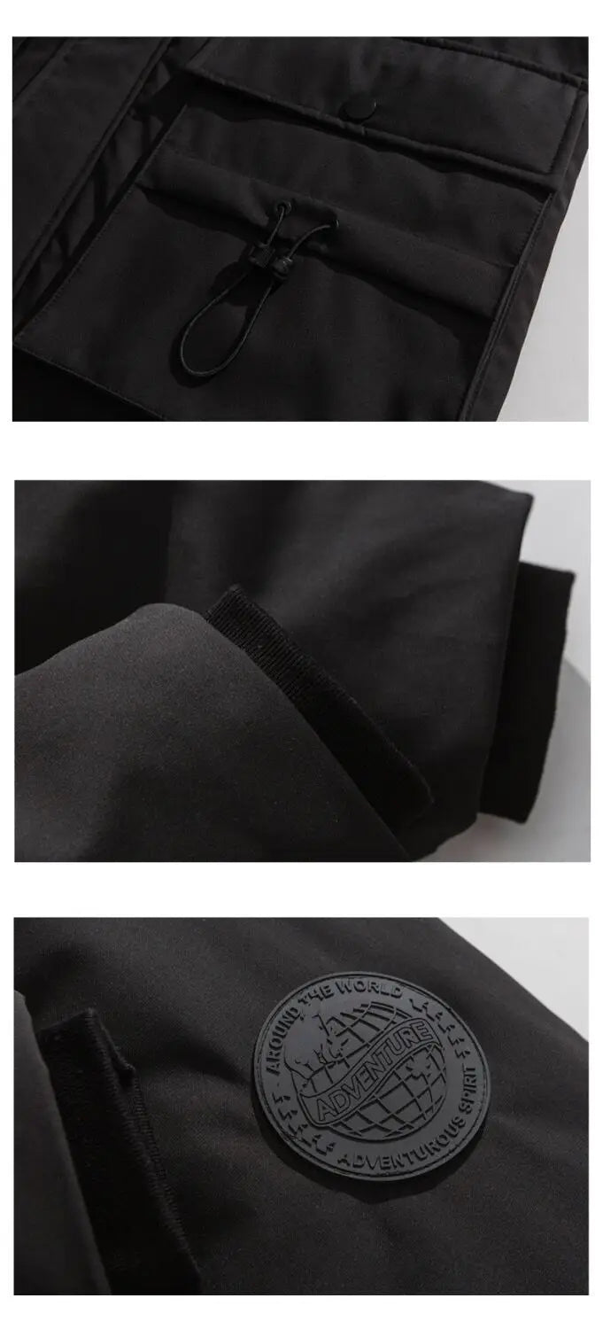 Techwear Down Cotton Jacket Men's Oversize Mid Length Workwear Cold Weather Clothing Winter Pockets Thick Hooded Parkas