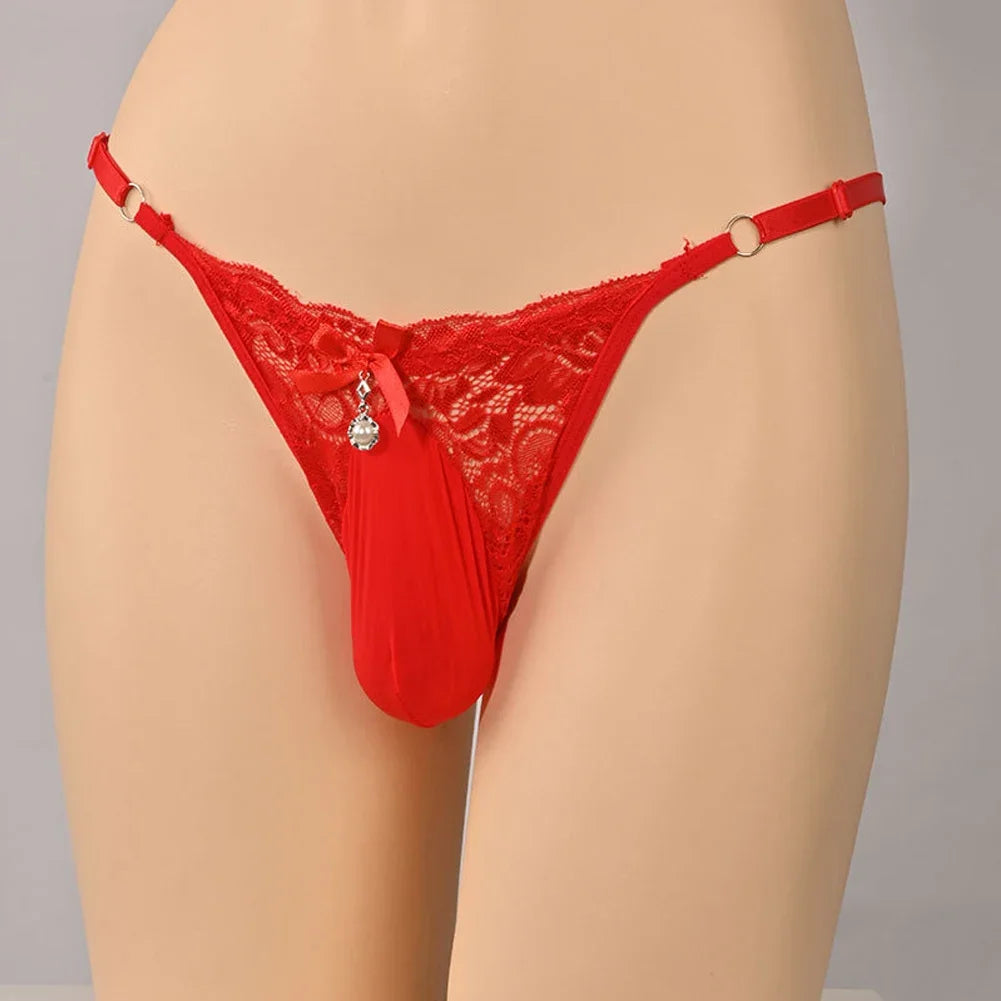 Men Sissy Lingerie Sheer Lace Thong Panties Ball Pouch G-String Low Waist Underpants Waistband Adjustable Briefs Erotic Lingerie