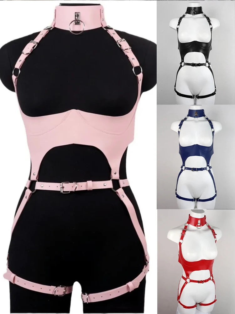Sexy Bondage Lingerie Outfit Leather with Bodystockings BDSM Adjustable Garter Full Body Harness Gothic Sex Product Erotic Set