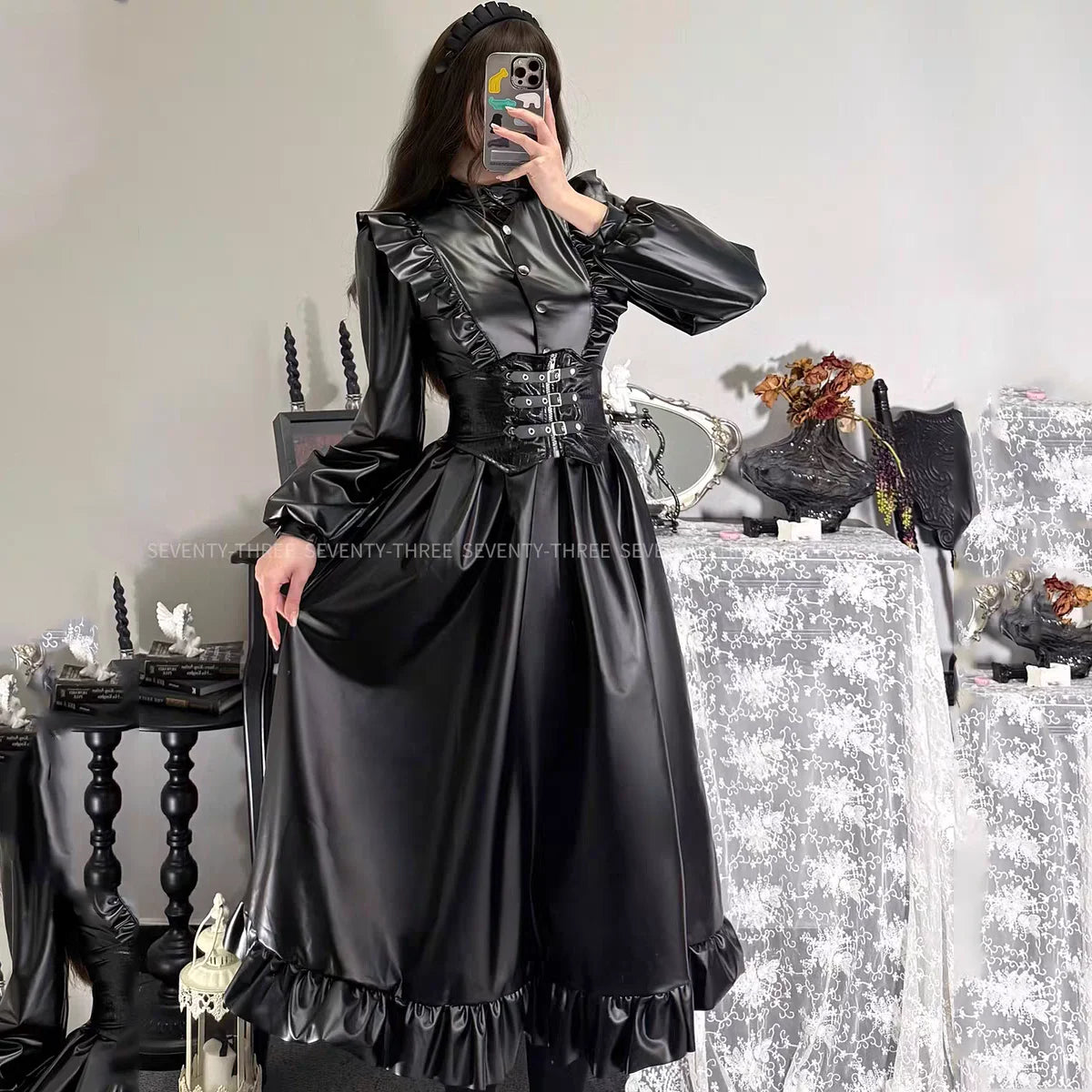 Anime Black Uniform Costume Maid Costume Adult Girl Role Playing Dark Pu Long Skirt Leather Stand Collar Dress Maid Suit