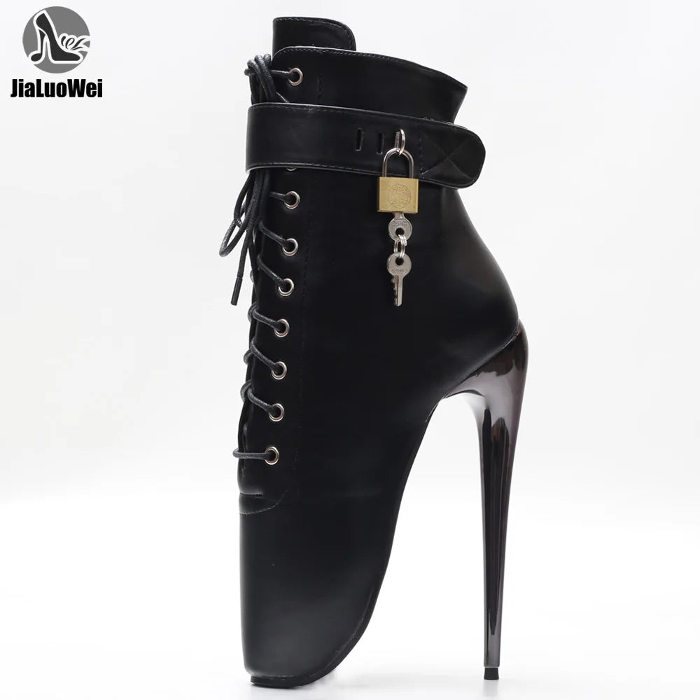 7Inch Stiletto High Heel Lock Wrap Strap Ankle Length Fetish Ballet Boots