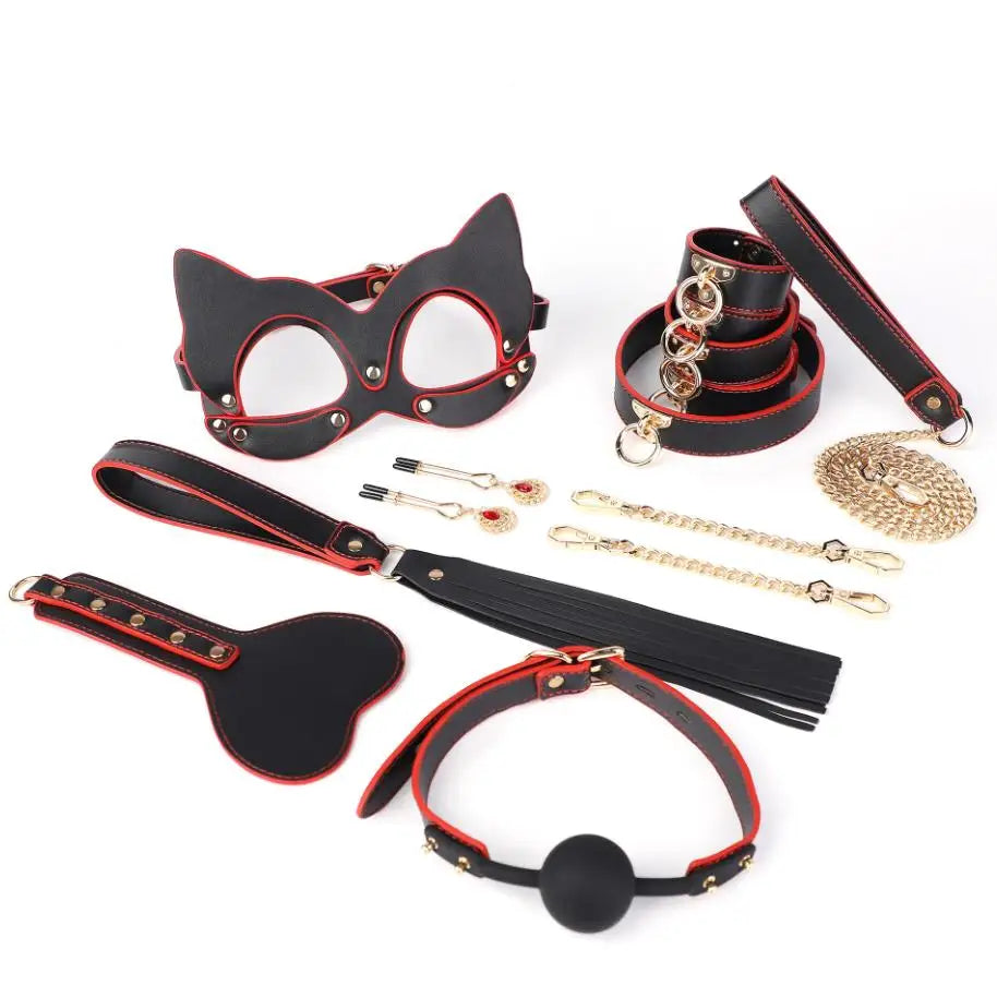 Erotic Bed Bondage Kits Slave Restraint Bondage Set Genuine leather Collar Mouth Gag Whips Handcuffs Adult Sex Toys For Couples