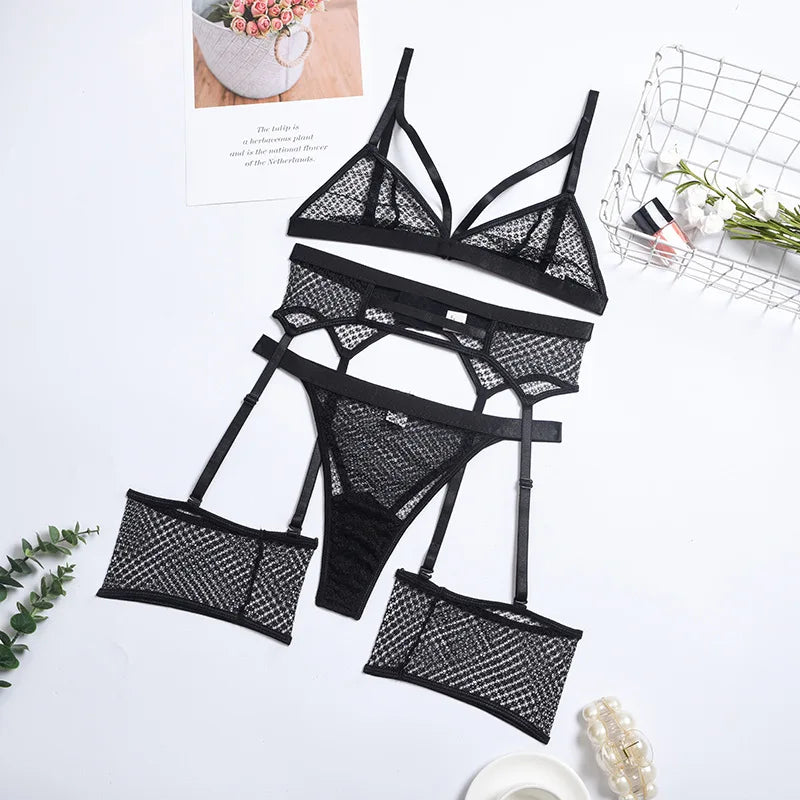 Erotic Underwear Set Transparent Mesh Bra Kit Sexy Garters Thong Women Intimate Sensual Outfits Lingerie 4-Pieces
