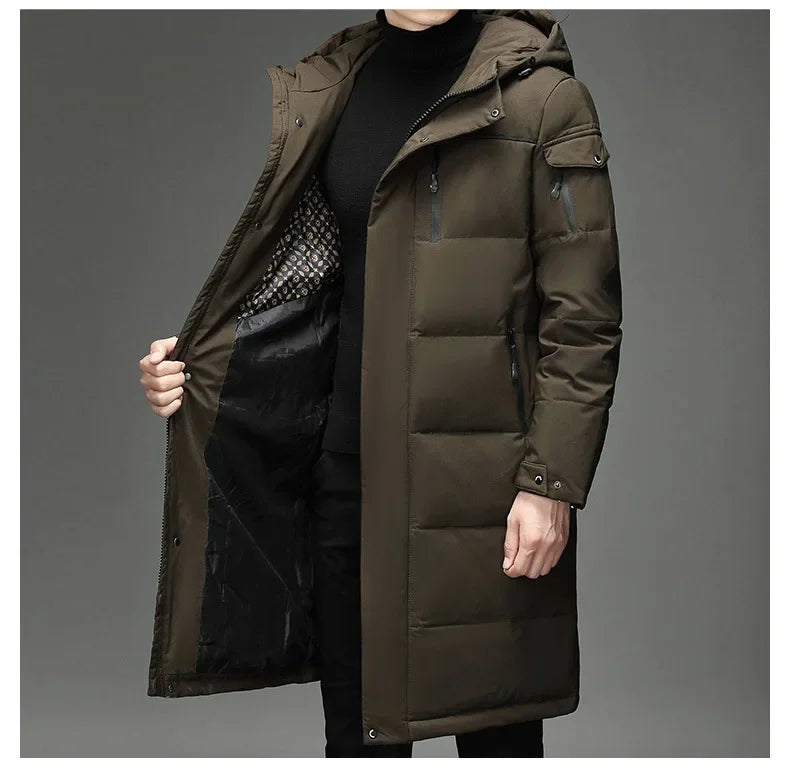 New Fashion Men 90% White Duck Down Hooded Jackets Men's Winter Thick Warm Waterproof Parka Overcoat Down Jackets Long Parka 5XL